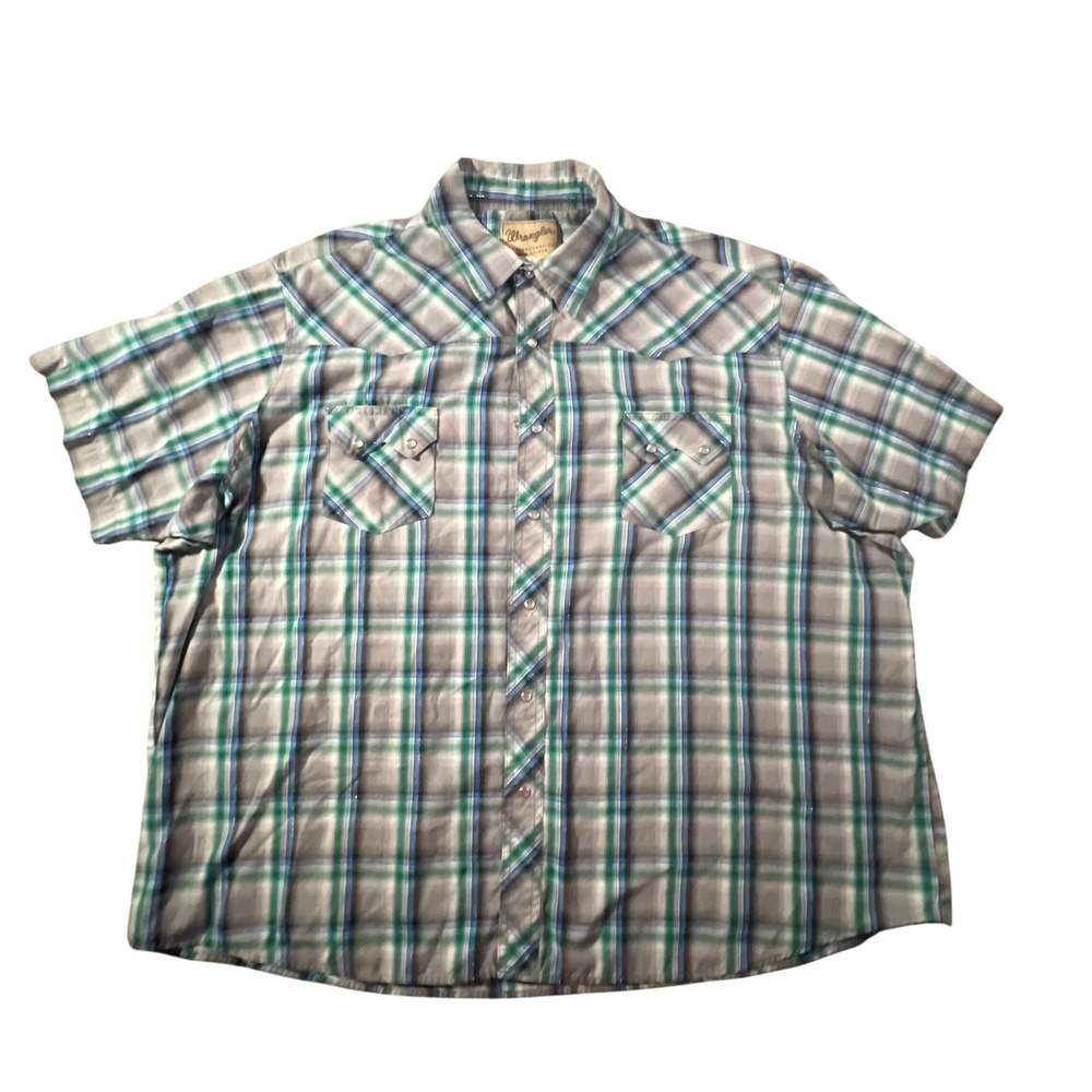Wrangler Western Snapβ Shirt Mens 3XL Big Green Plaid Short Sleeve Pearl Snap